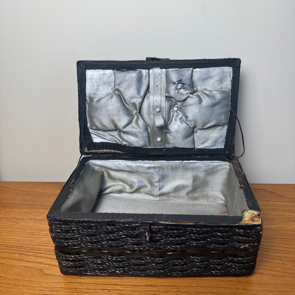 Vintage Black Wicker Sewing Kit Notions Case Handle Clasp Satin lined